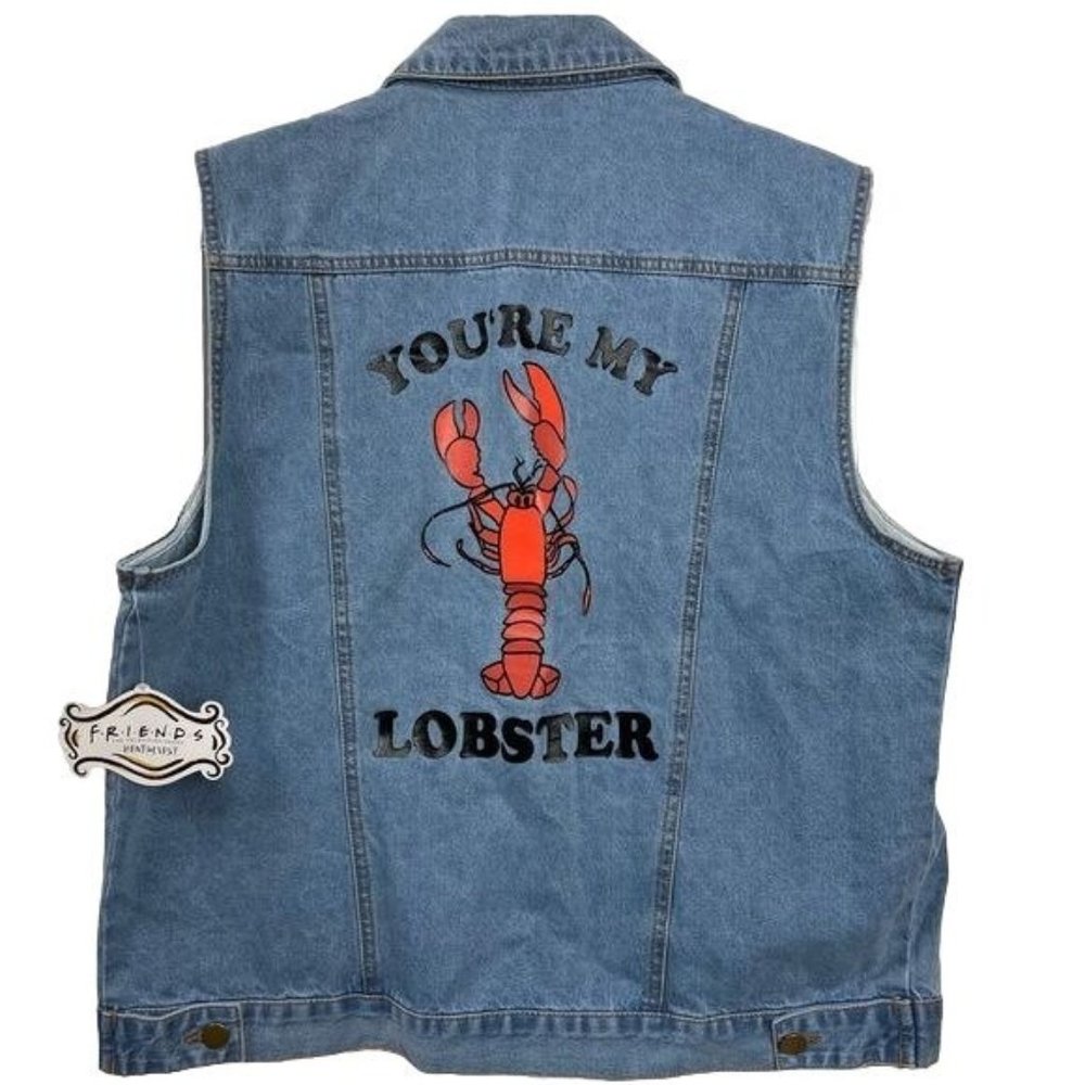 Friends "You're My Lobster" Blue Denim Button Front Jean Vest Jacket Size Medium